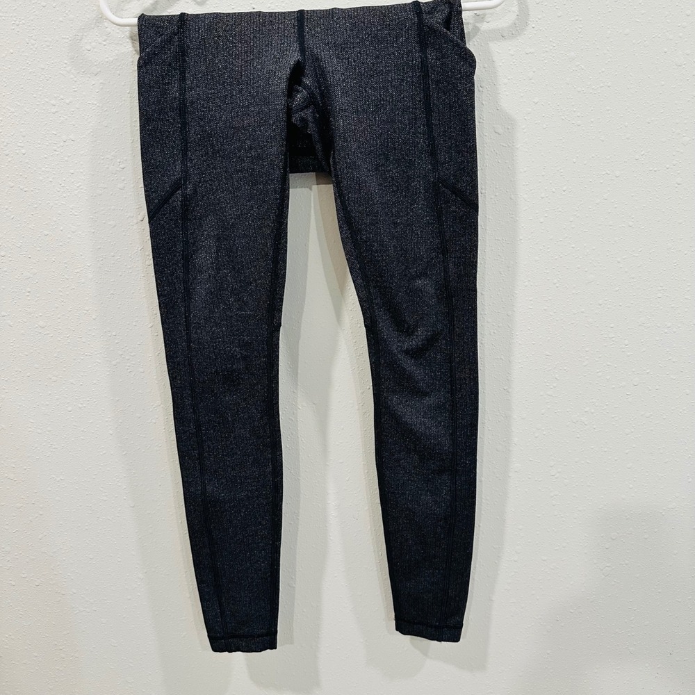 Lululemon Athletica Black Herringbone High Rise Leggings Pockets Size 4 - Gym